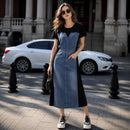 Vestido Leticia™ com Painel Jeans e Design Moderno