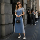 Vestido Leticia™ com Painel Jeans e Design Moderno
