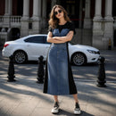 Vestido Leticia™ com Painel Jeans e Design Moderno