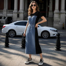 Vestido Leticia™ com Painel Jeans e Design Moderno